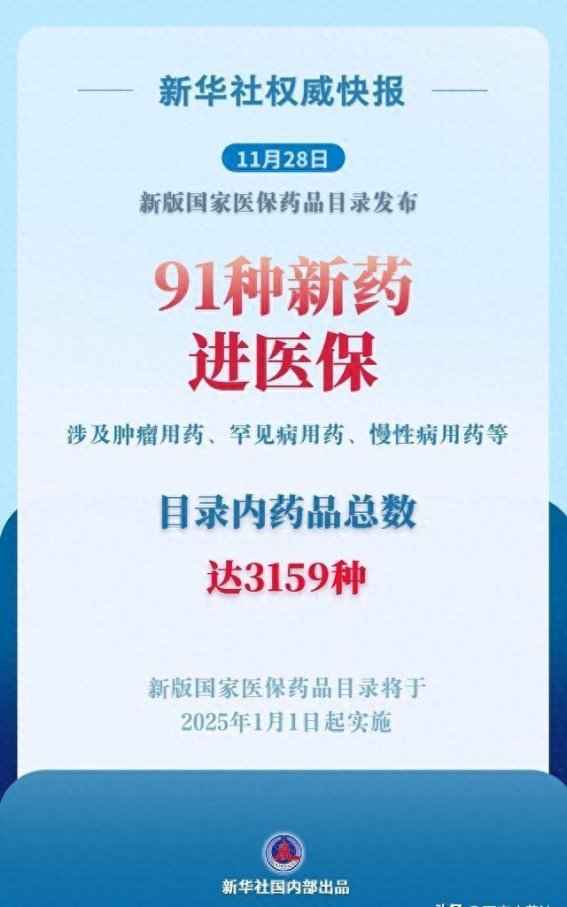 新版国家医保药品目录发布，91种新药纳入医保，保障覆盖进一步扩展