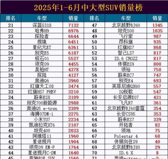 2025年上半年中大型SUV销量战报：新能源车型崛起，燃油车式微难挡