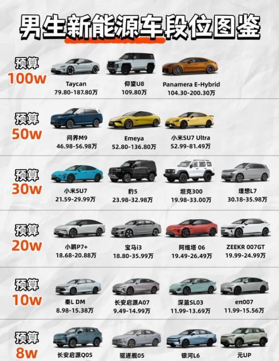 男生新能源车段位图鉴：从实用到豪华，每个预算都有最合适的选择