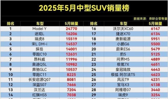 2025年5月中型SUV销量榜揭晓 Model Y领跑瑞虎8跻身前三 汉兰达居第十三